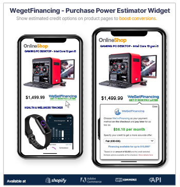 WeGetFinancing Purchase Power Estimator showing on-page monthly payment estimates.