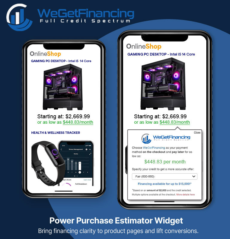 WeGetFinancing Power Purchase Estimator showing BNPL monthly payments on a product page