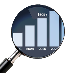 A magnifying glass containing a graph on the evolution of the PC hardware market