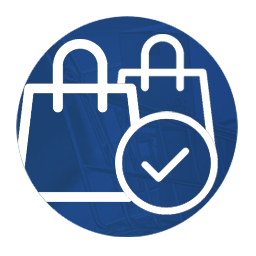 Icon with purchase back and positive checkbox to represent purchase decision momentum.