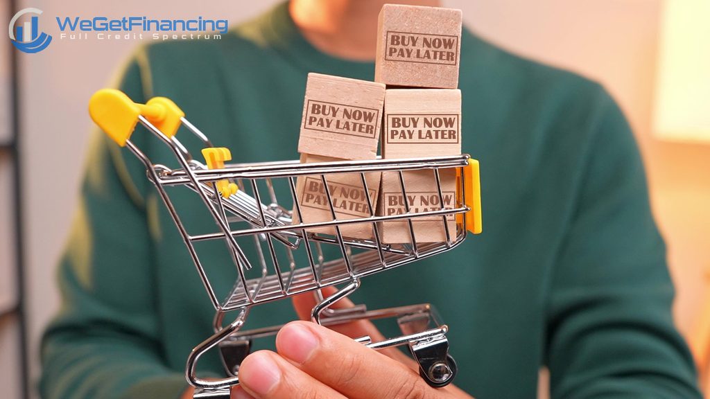 Shopping cart filled with Buy Now, Pay Later blocks representing consumer financing options