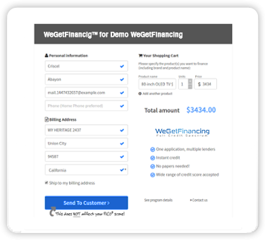 WeGetFinancing Brick and Mortar application request demo screen